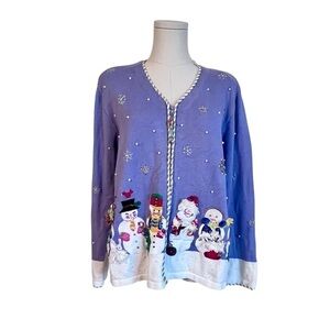 Berek VTG Light Purple Snowman Christmas Zip Front Cardigan Sweater Women’s L